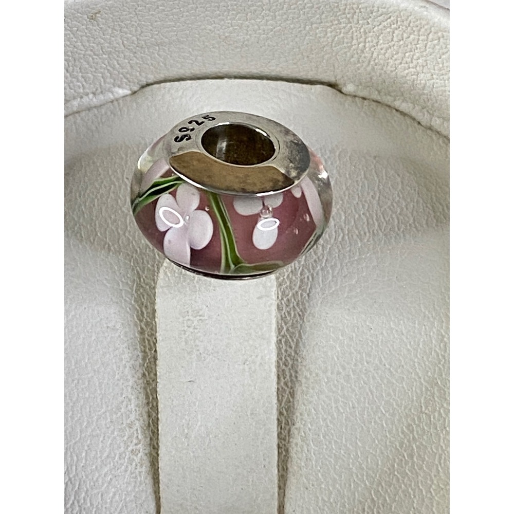Gnoce 925‎ Sterling Silver Pink Floral Glass Bead For Charm Bracelet Gift New